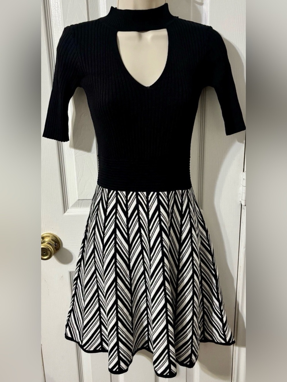 Candie's Black Ribbed V-Neck Dress with Chevron Skirt